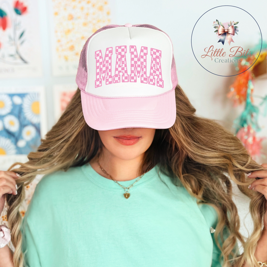 Pink & White Checkered Mama Trucker Hat