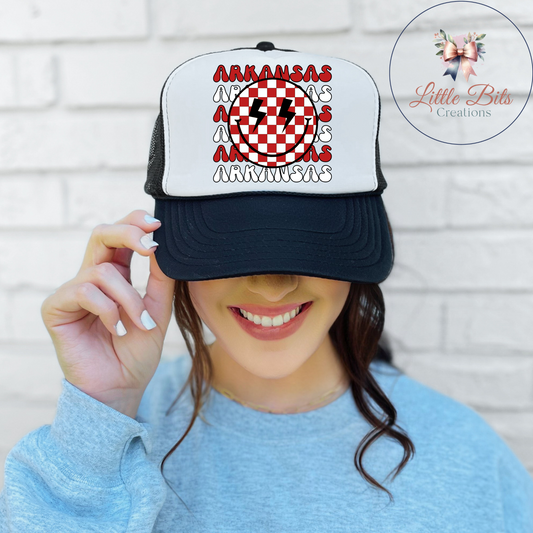 Arkansas Checkered Smiley Trucker Hat